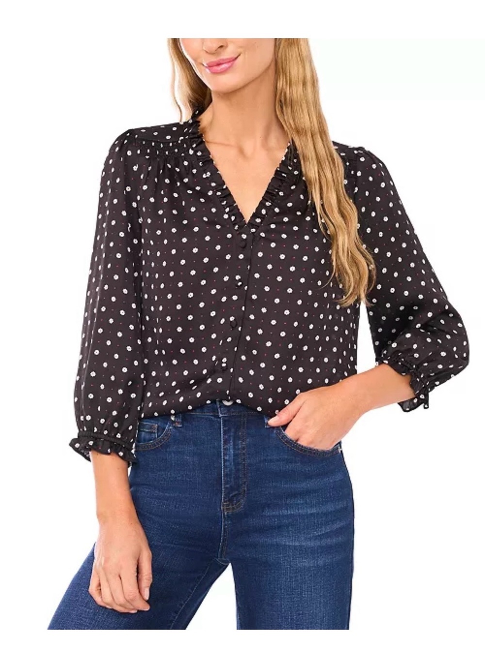 CeCe Black Polka Dot Button-Down Blouse